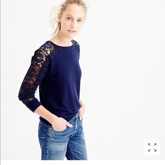 NWOT J. Crew Women's Crewneck Sweater Edged Lace L Large Wool Super Soft - Picture 1 of 7
